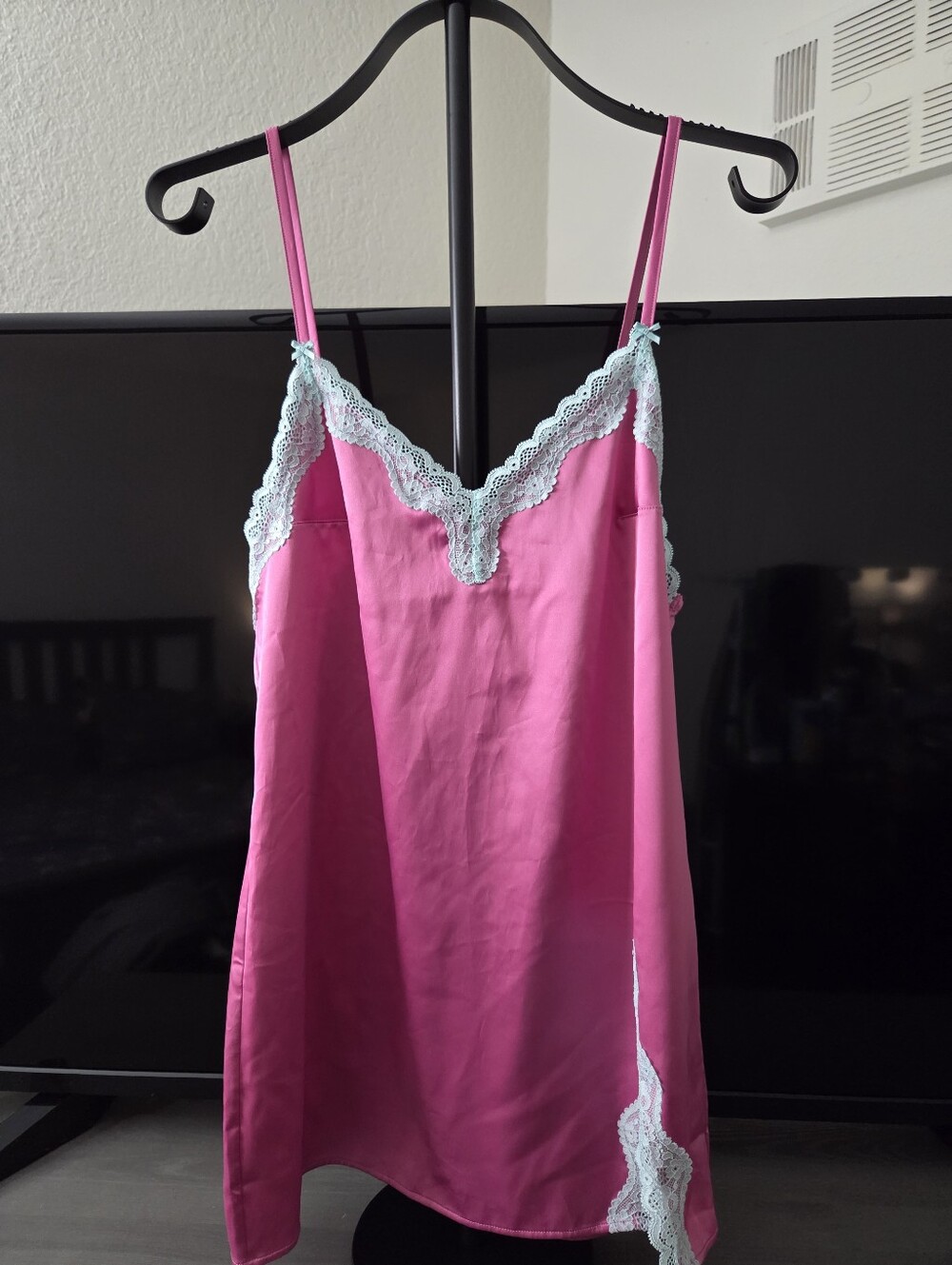 Victoria's Secret Hot Pink Slip with Mint Lace Trim